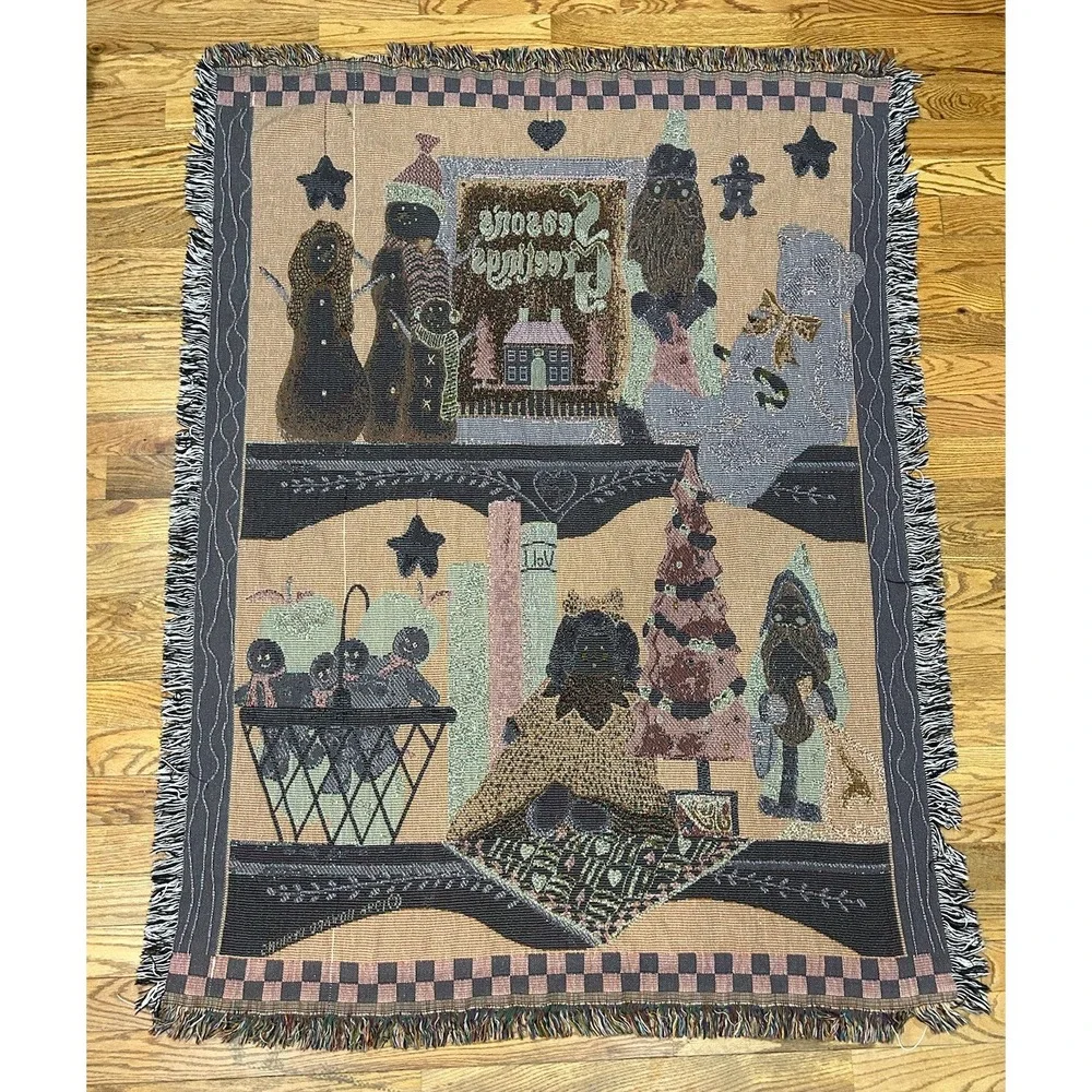 Seasons Greetings Santa & Snowmen Christmas Tapestry Afghan Throw‎ Blanket 50x65